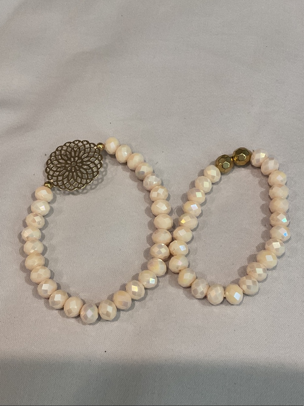Neutral Cream Faceted Bead Stretch Bracelet Set with Gold Accent